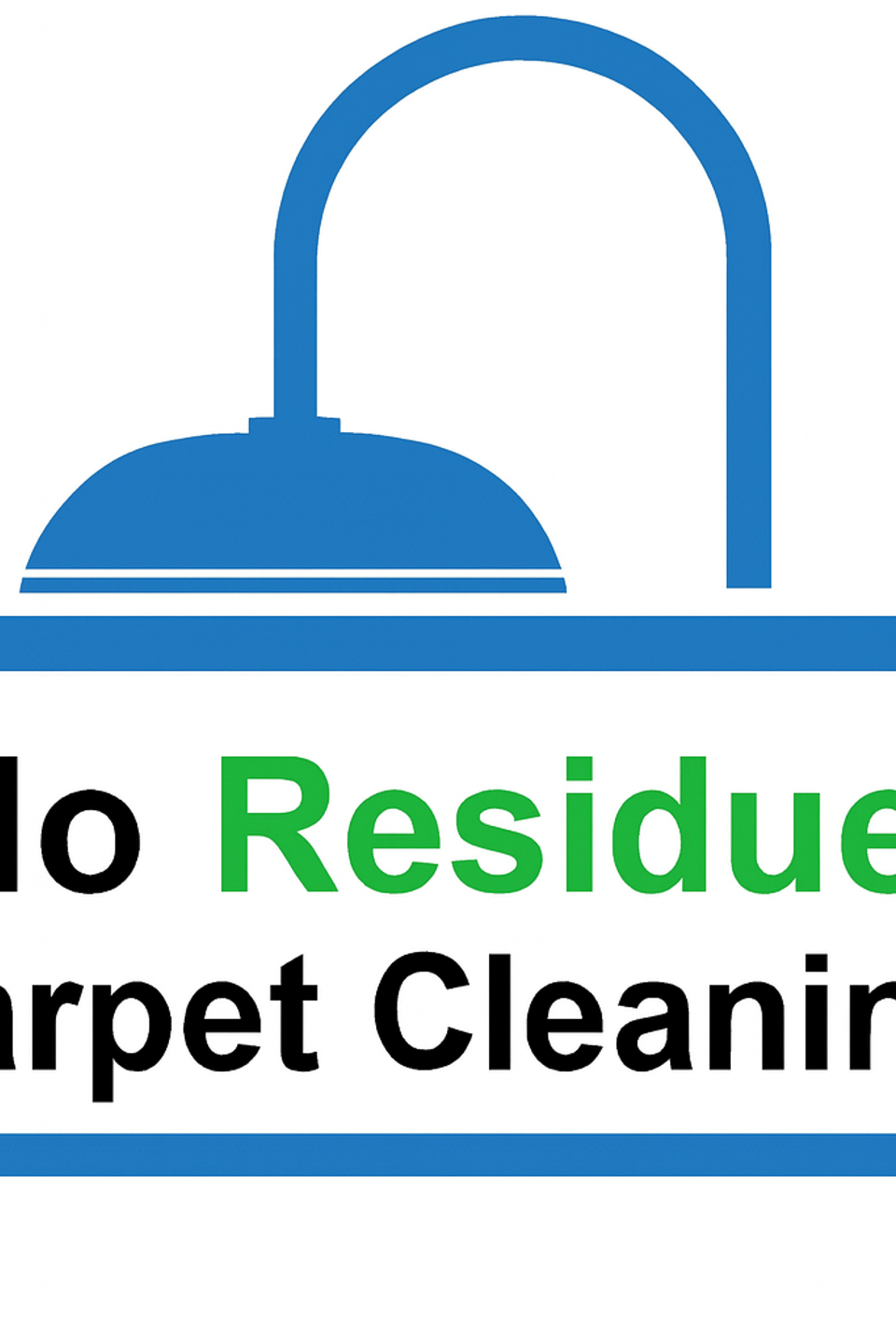 Logo for No Residue Carpet Cleaning featuring a stylized blue carpet with curled ends and a circular cleaning device above, with bold black and green text
