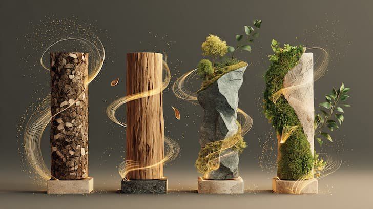 4 different columns representing the four different pillars of marketing for wellness niches. Elemental tones.