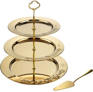 Gold three tier round tray with server