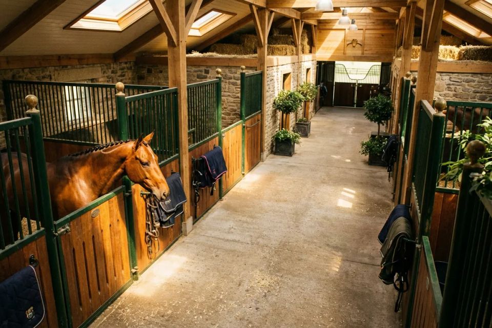 Interior view of a clean, professional horse boarding facility and riding center showing a brown horse looking out of a wooden stall