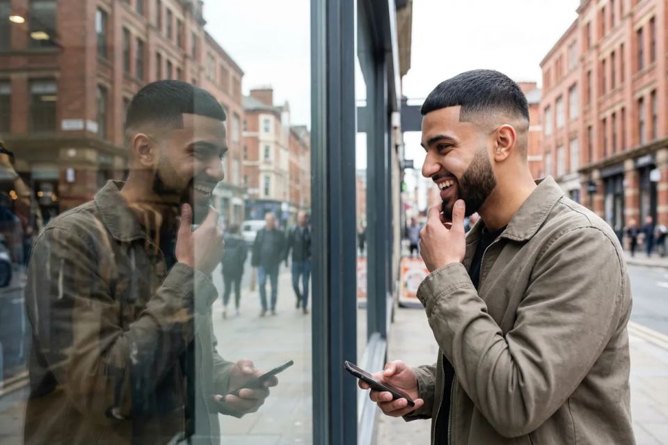 Smiling man checking his fresh fade haircut in a barbershop window reflection on a city street