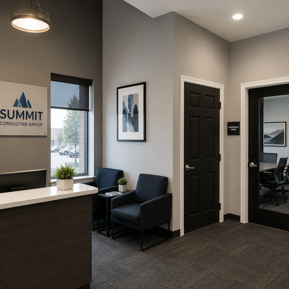 Modern commercial office lobby with freshly painted gray walls, black doors, and a clean, professional reception area completed by Simply Professional Painting in Parkesburg, PA.