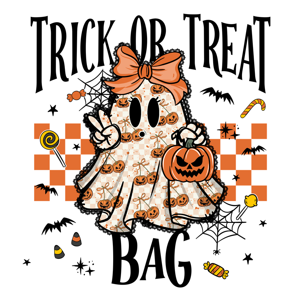 Bag   halloween trick or treat bag with orange checks and girl ghost