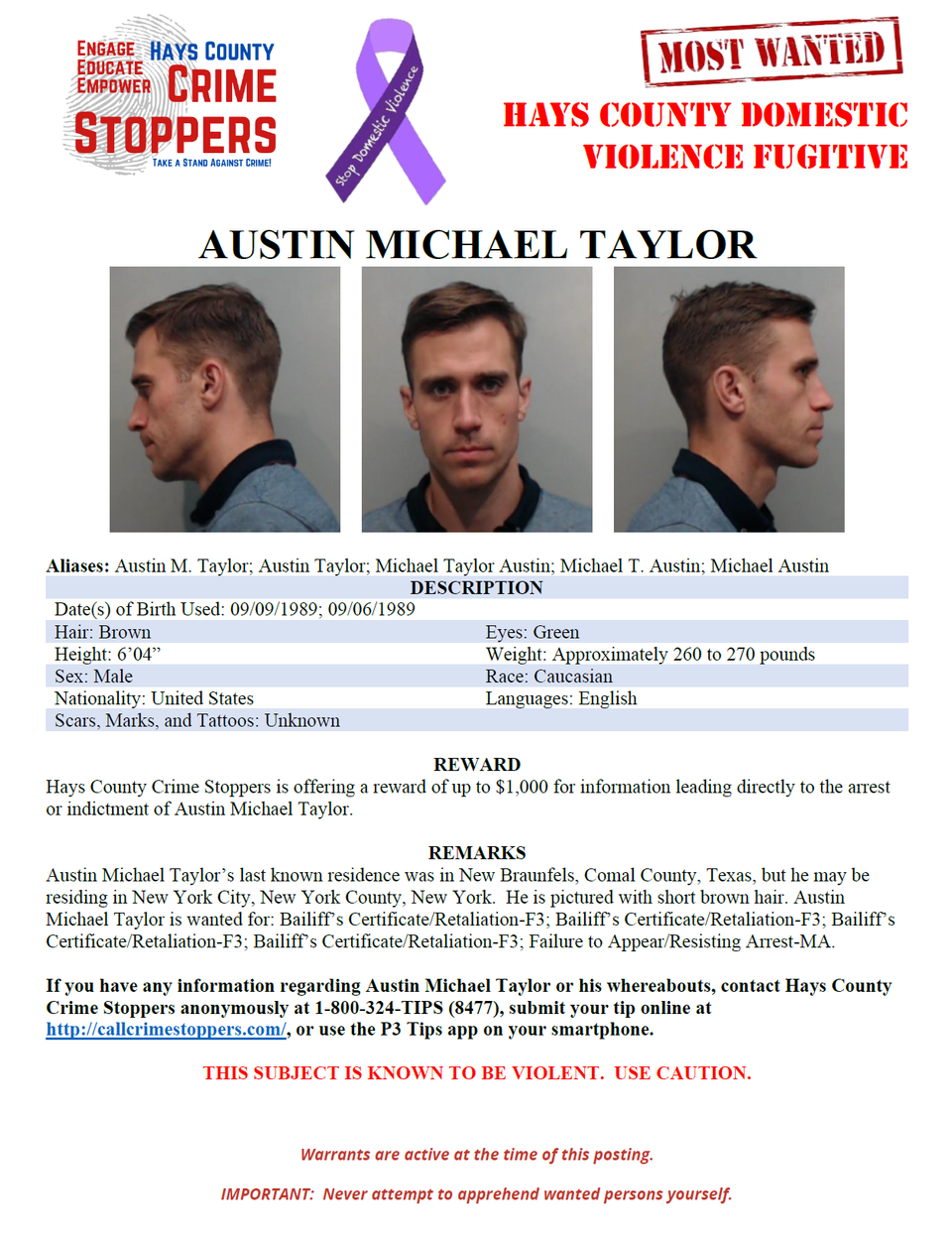 Taylor most wanted poster