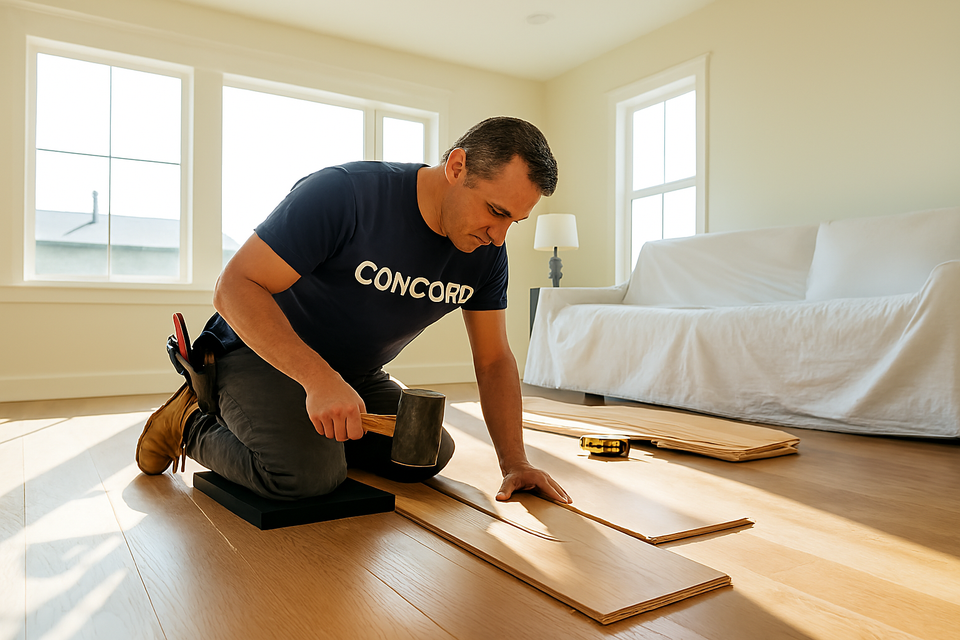 Professional flooring installer kneeling on foam underlayment while fitting hardwood planks in a sunlit living room.