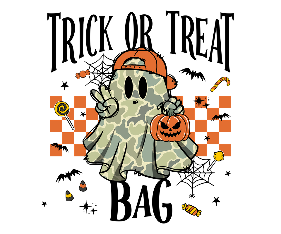 Bag   halloween trick or treat bag with orange checks and ghost