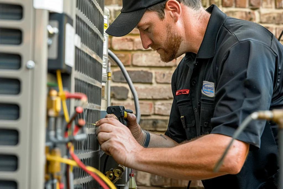 HVAC technician repairing air conditioning unit in Myrtle Beach