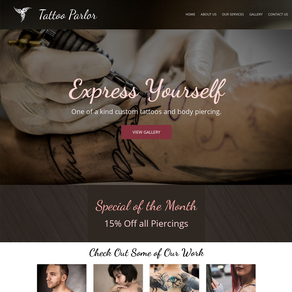 website preview of a Tattoo Parlor on a desktop computer