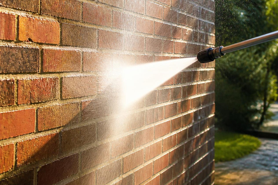Pressure washing a brick wall to remove dirt and buildup.