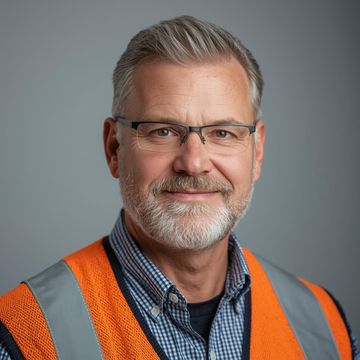 Head and shoulders portrait of a white middle aged male with a beard construction worker