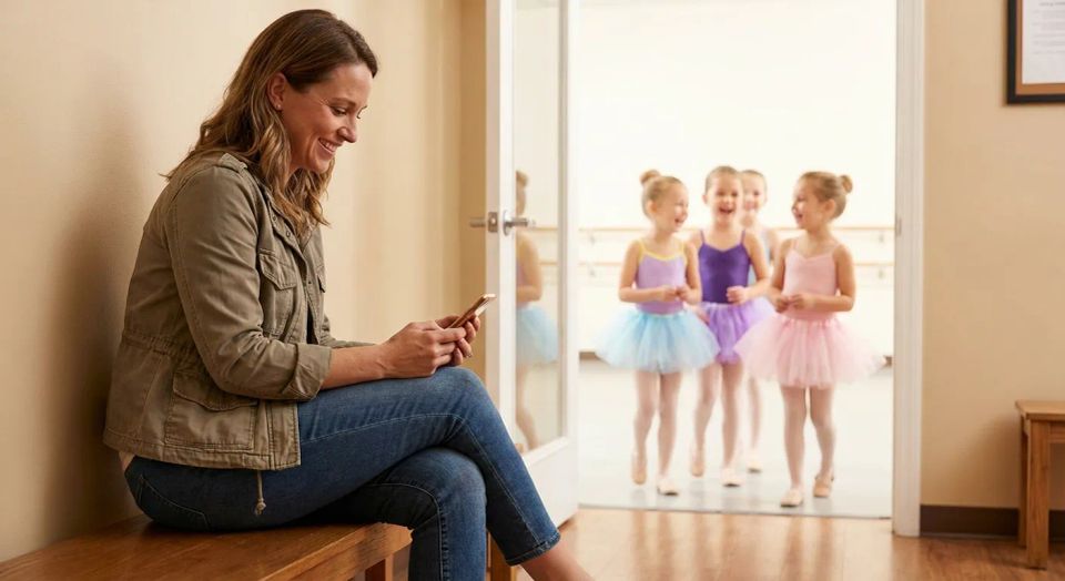 Smiling mother checking her phone on a wooden bench while young girls in colorful ballet tutus wait for their children's dance class to begin.