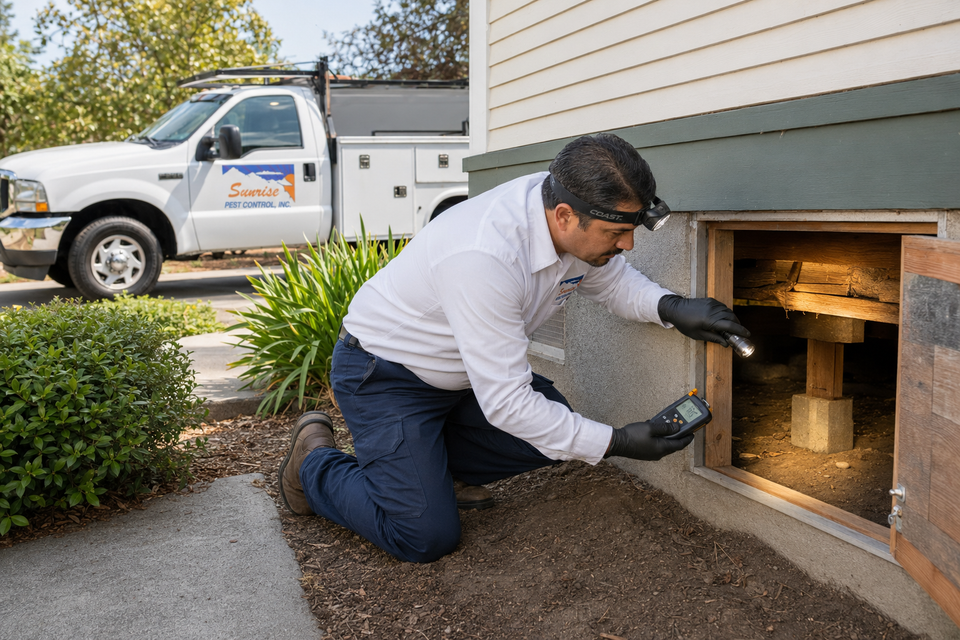 Sunrise Pest Control technician performing a raised foundation and crawlspace pest inspection in Roseville, CA