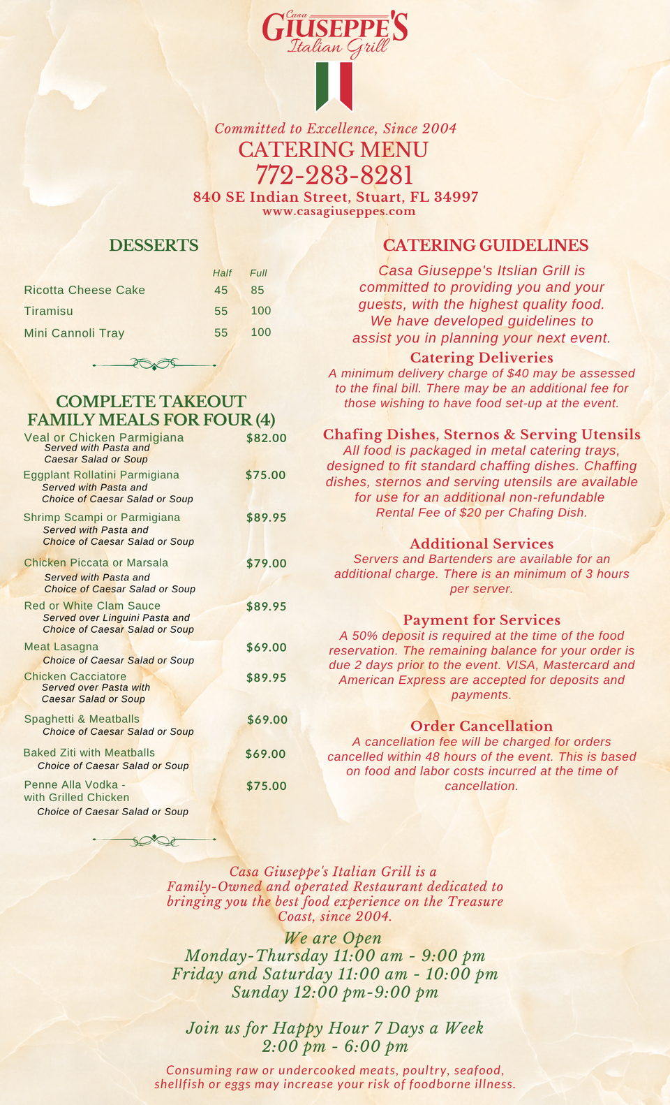 Casa giuseppe's catering takeout menu back 8 13 26