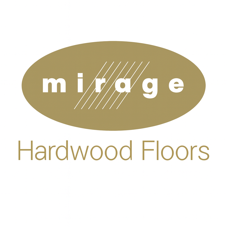 Mirage Hardwood Floors logo with a muted gold oval containing lowercase white “mirage” text, and “Hardwood Floors” written below in sans-serif font.