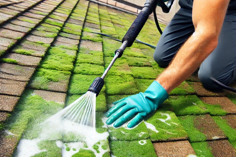 Dall·e 2024 08 26 13.59.22   a professional roofer using a pressure washer to clean algae and moss off a roof in santa maria. the scene shows the green buildup being washed away  