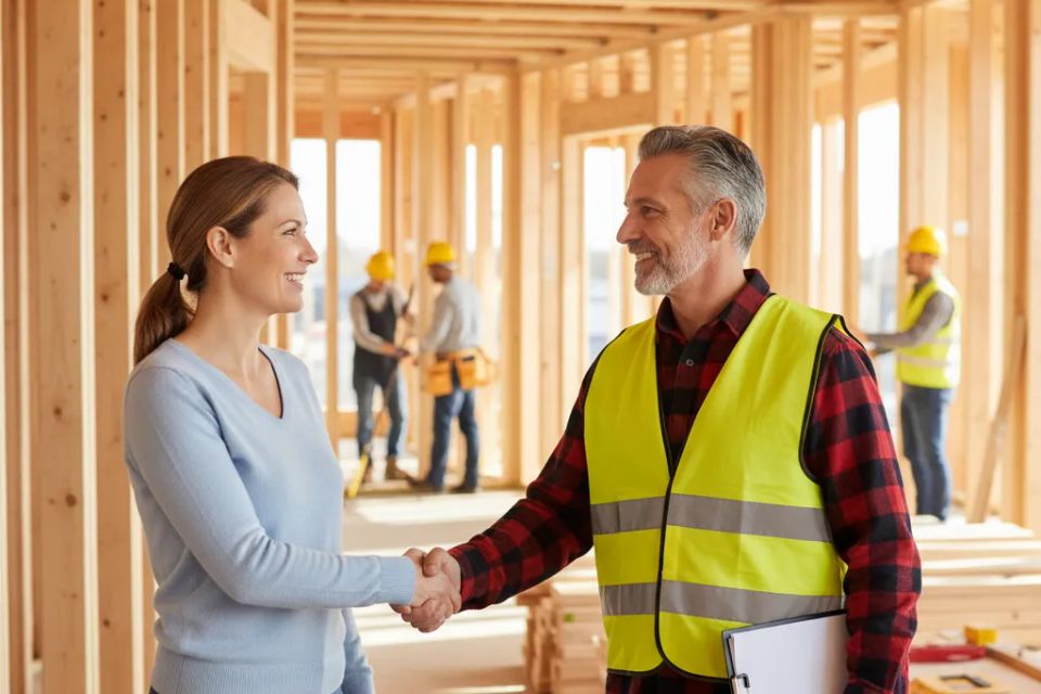 General contractor shaking hands with a homeowner client after securing a renovation project through a professional website.