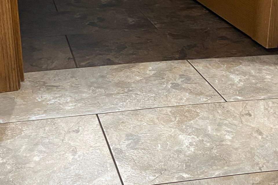 Armstrong alterna mesa stone canyon shadow and fieldstone with mapei grout chocolate