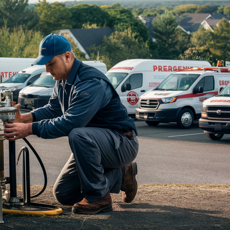 Propane service technician performing emergency tank inspection with fleet of service vehicles in background, emphasizing reliable 24/7 emergency response.