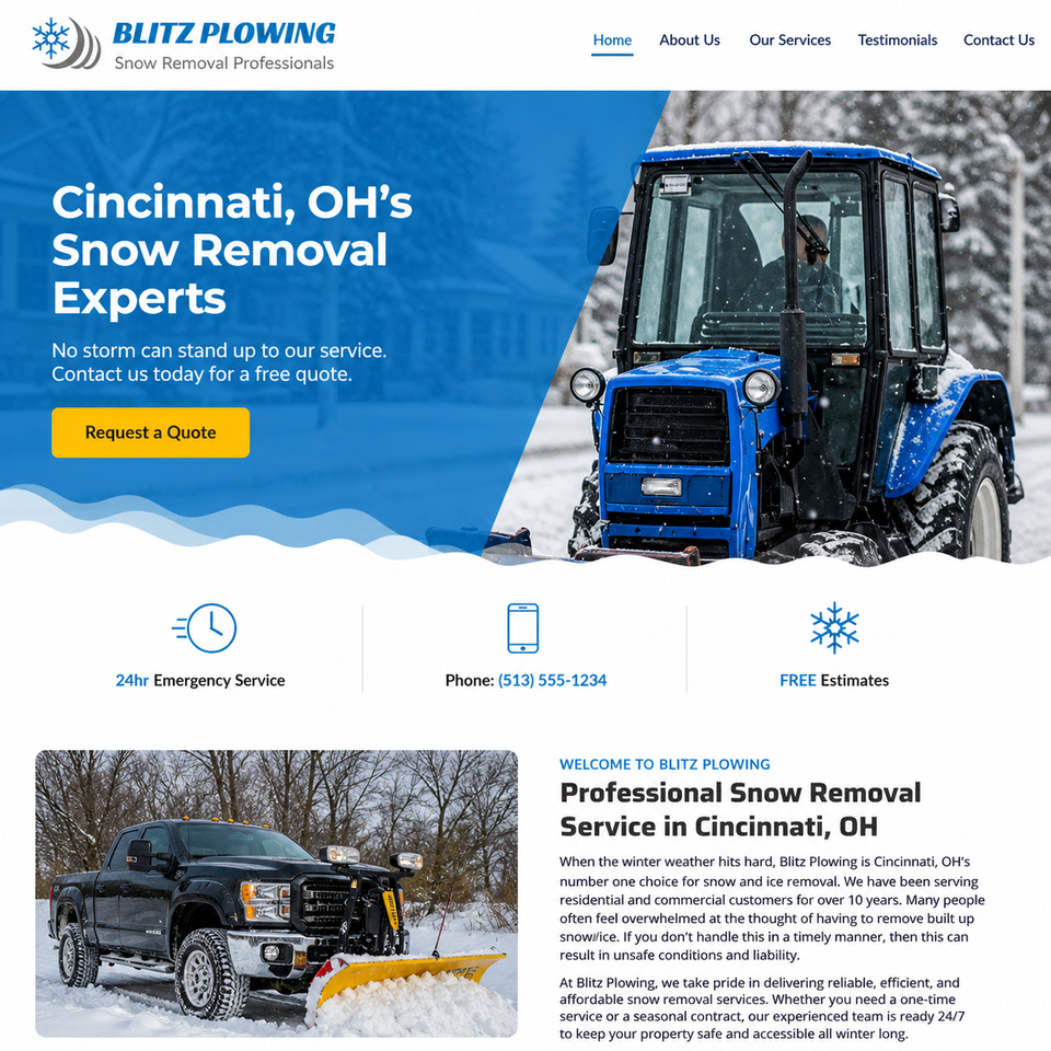 Blitz Plowing's website, featuring a blue and white design with a snow plow in action, offering professional snow removal services, free estimates, and 24-hour emergency support.