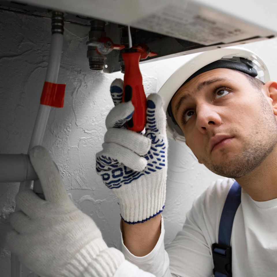 Worker repairing water heater