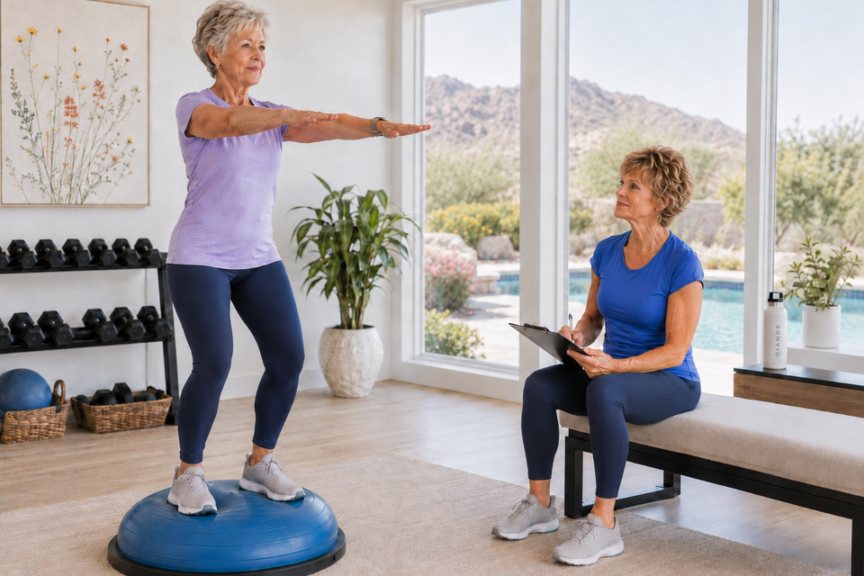 Dianne Cumberland evaluates a senior client practicing balance on a BOSU ball during one-on-one personal training