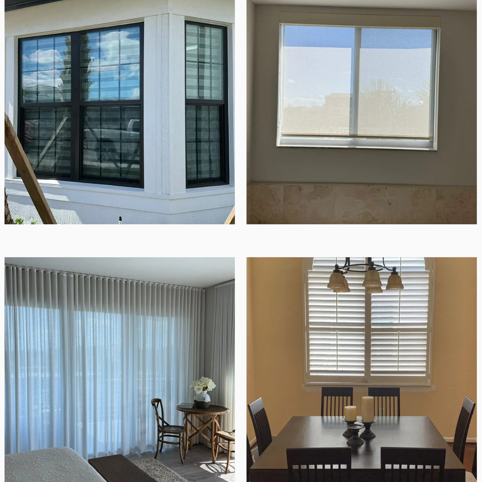 BJ&S Blinds installations featuring exterior shutters, solar roller shades, sheer drapes in a bedroom, and plantation shutters in a dining room