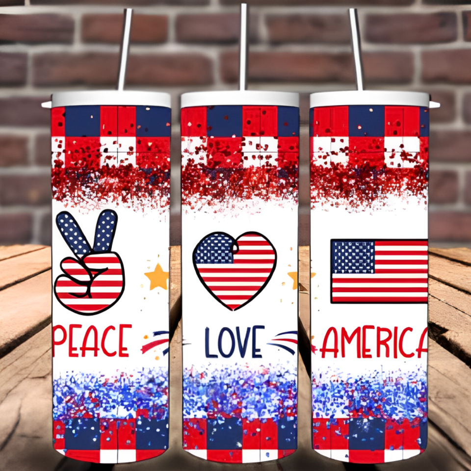 Three custom tumblers with patriotic graphics featuring peace, love, and America designs in red, white, and blue.