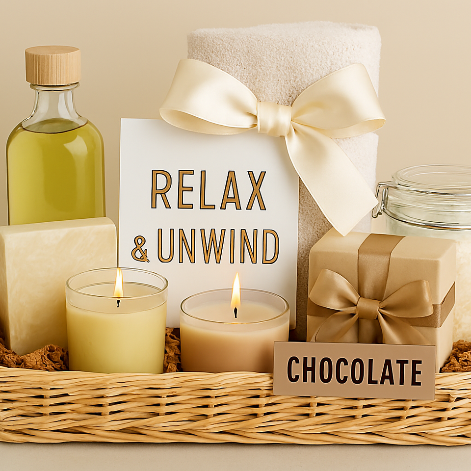 Spa basket with bath oil, rolled towel, candles, soaps, glass jar, gift box, and a card reading ‘RELAX & UNWIND,’ arranged in soft lighting. Reland and unwind spa product gift basket