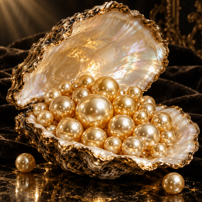 Clam shell with golden pearls