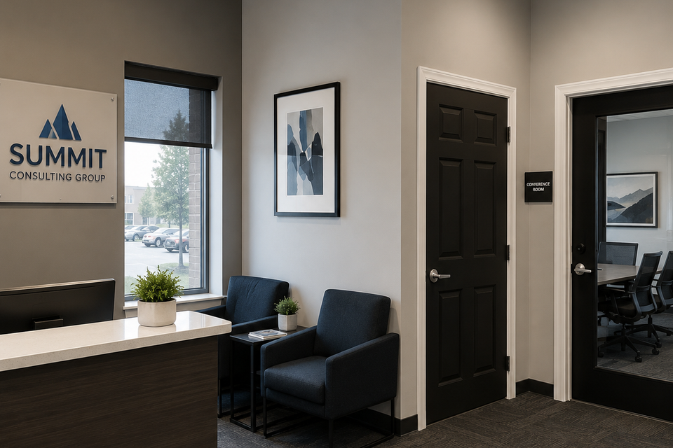 Modern commercial office lobby with freshly painted gray walls, black doors, and a clean, professional reception area completed by Simply Professional Painting in Parkesburg, PA.