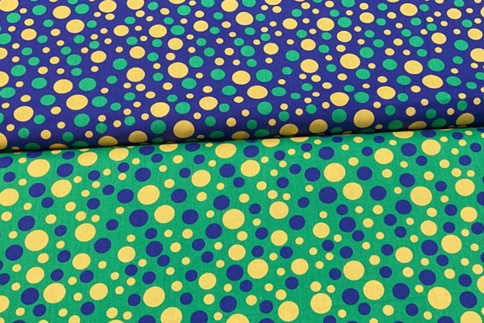 Polka dot PGG cotton fabric in green, blue and yellow
