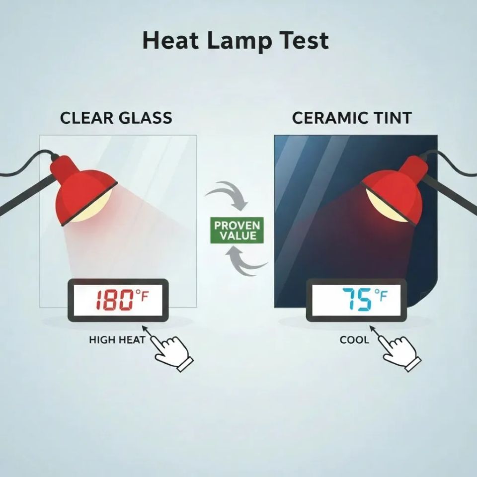 Infographic comparing heat rejection temperature of standard glass versus ceramic window tint.