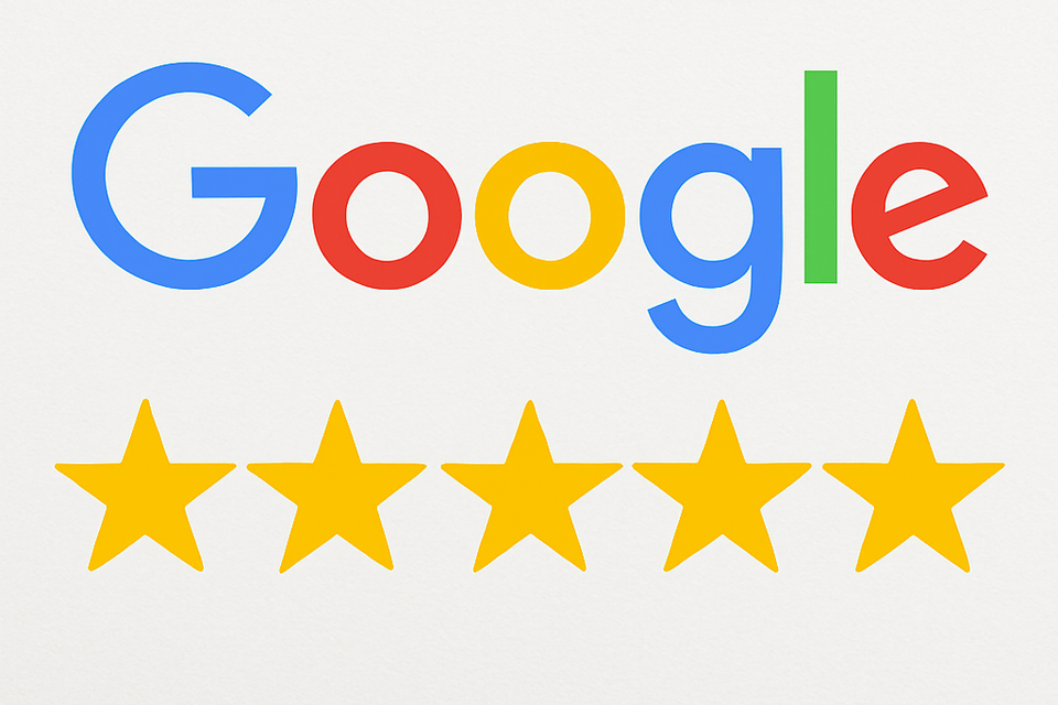 Google 5-star review icon with five gold stars below the Google logo, clean and modern design