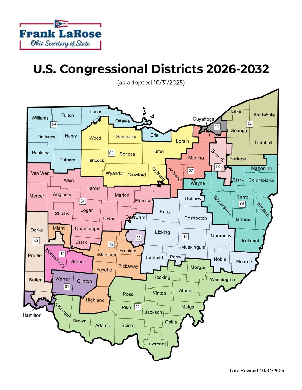 Map of Ohio showing U.S. Congressional Districts for 2026–2032.