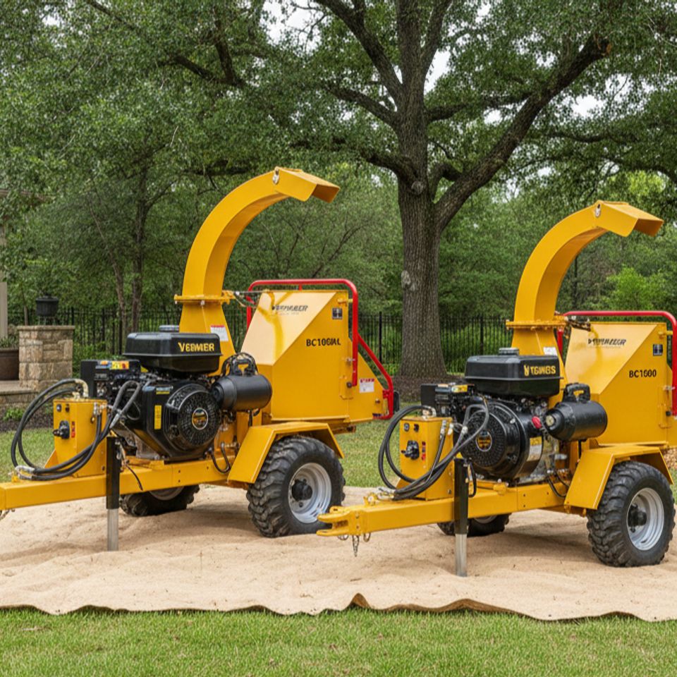 Two Vermeer wood chippers, BC1000XL and BC1600, parked side by side on a residential lawn with tan tarp, curved discharge chutes, and Vanguard engines, set against a backyard with patio furniture and mature trees.