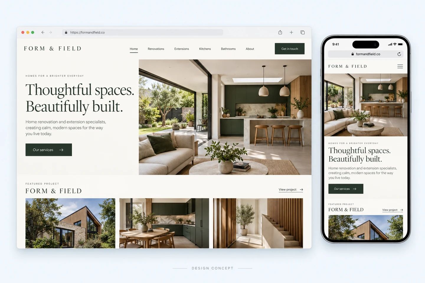 Home-services design concept shown on desktop and mobile