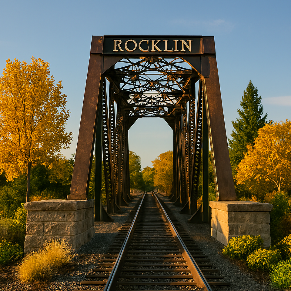 Historic railroad bridge in Rocklin CA with steel truss design and autumn foliage
