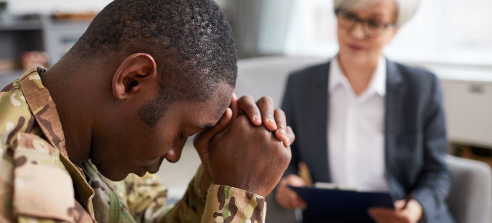 African soldier has depression while visiting his psychologist office