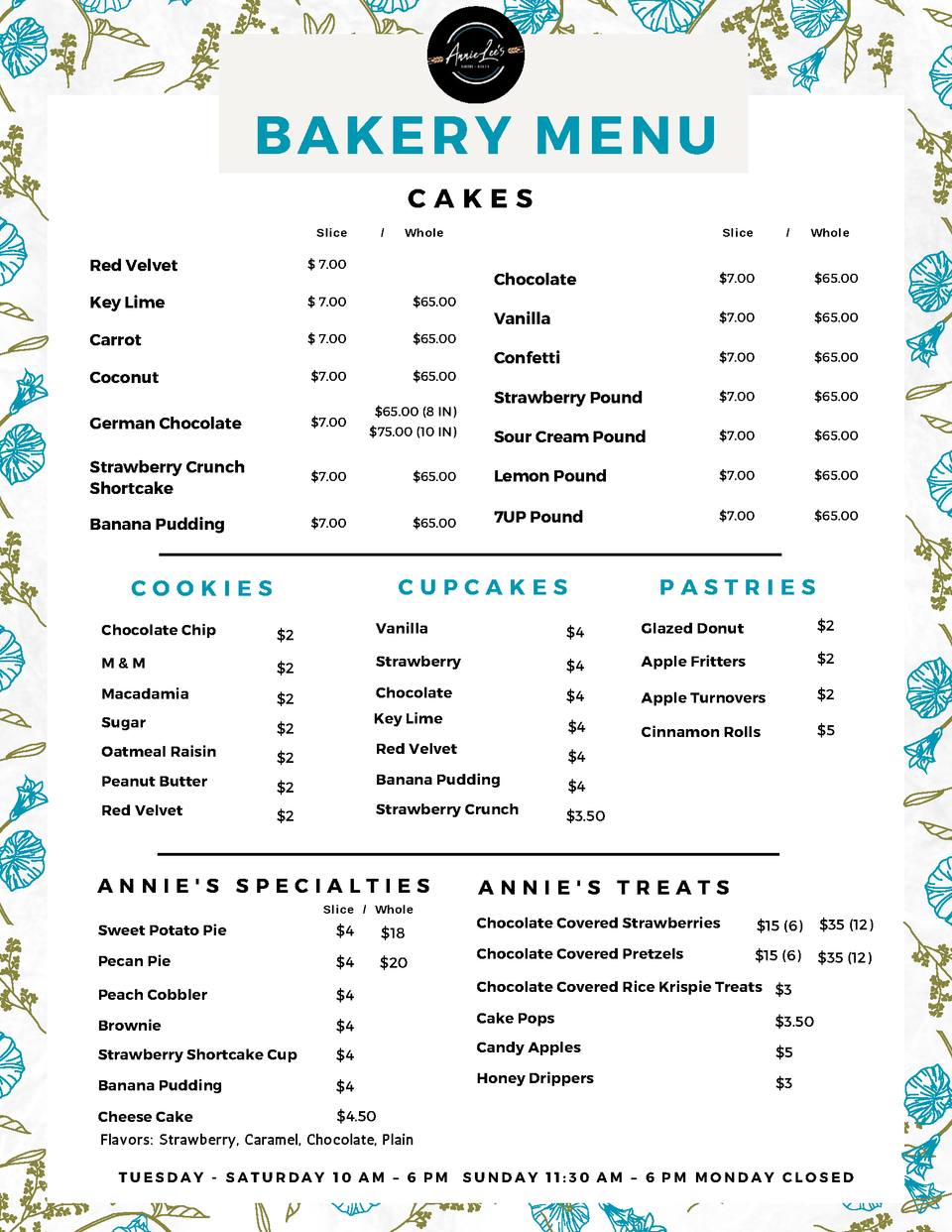 Annie lee's bakery menu options 050923 