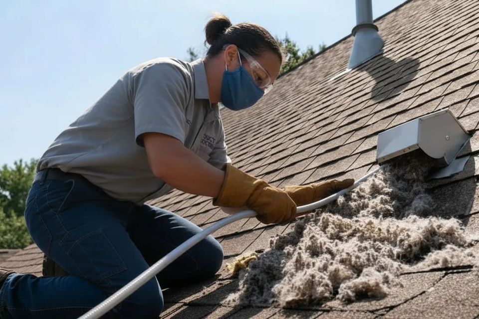 Technician removing heavy lint buildup from roof dryer vent to prevent fire hazards