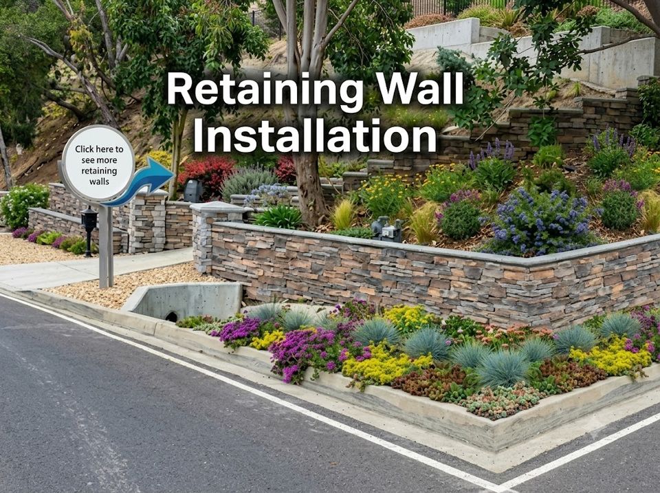 Retaining wall installation with decorative stone veneer, landscape planters, and custom hardscape design
