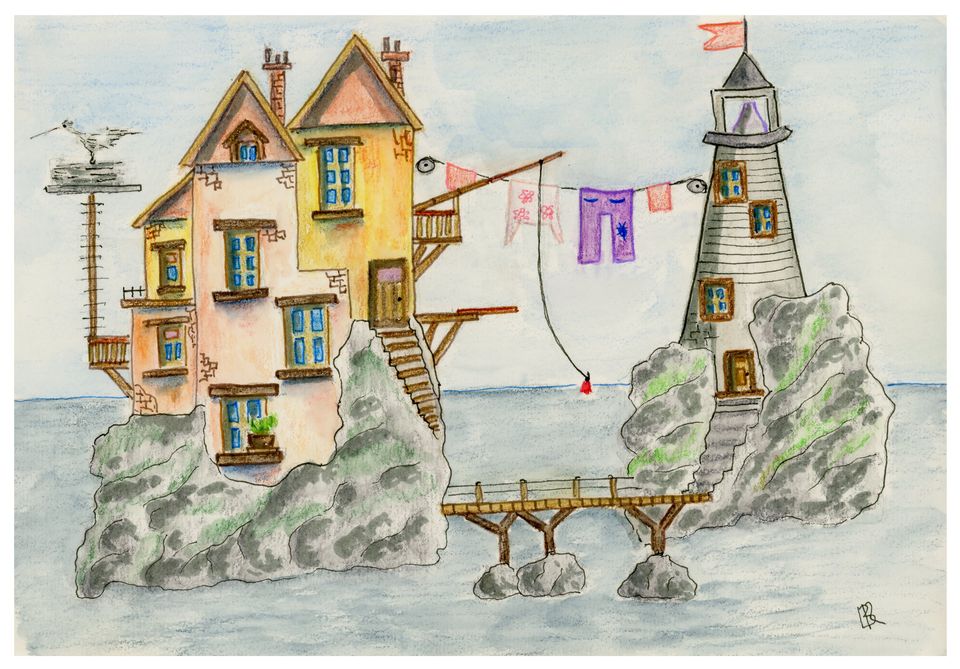 A sketch depicting a house on a rock formation with a lighthouse, surrounded by a calm ocean scene.