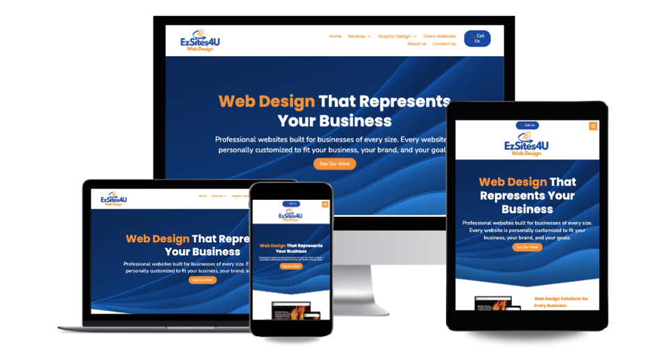 Responsive web design displayed across desktop, laptop, tablet, and mobile devices by EzSites4U Web Design.