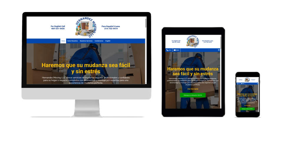 A large monitor, a tablet, and a smartphone each displaying the Spanish homepage of an affordable responsive website for a local moving company in Garland, Texas designed by GloboWeb Website Design & Digital Agency