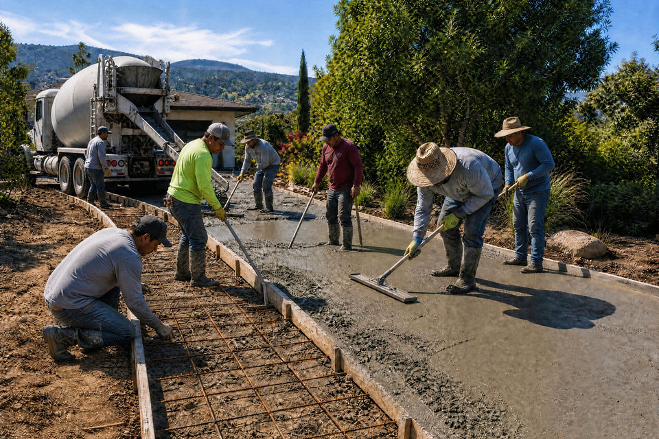 Concrete workers pouring and finishing a new driveway with concrete truck on site