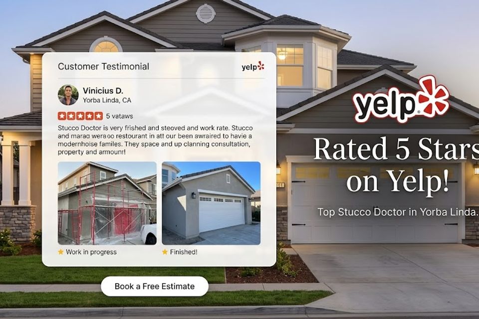 ive-star Yelp review showcasing completed stucco repair and waterproofing project with before and after photos