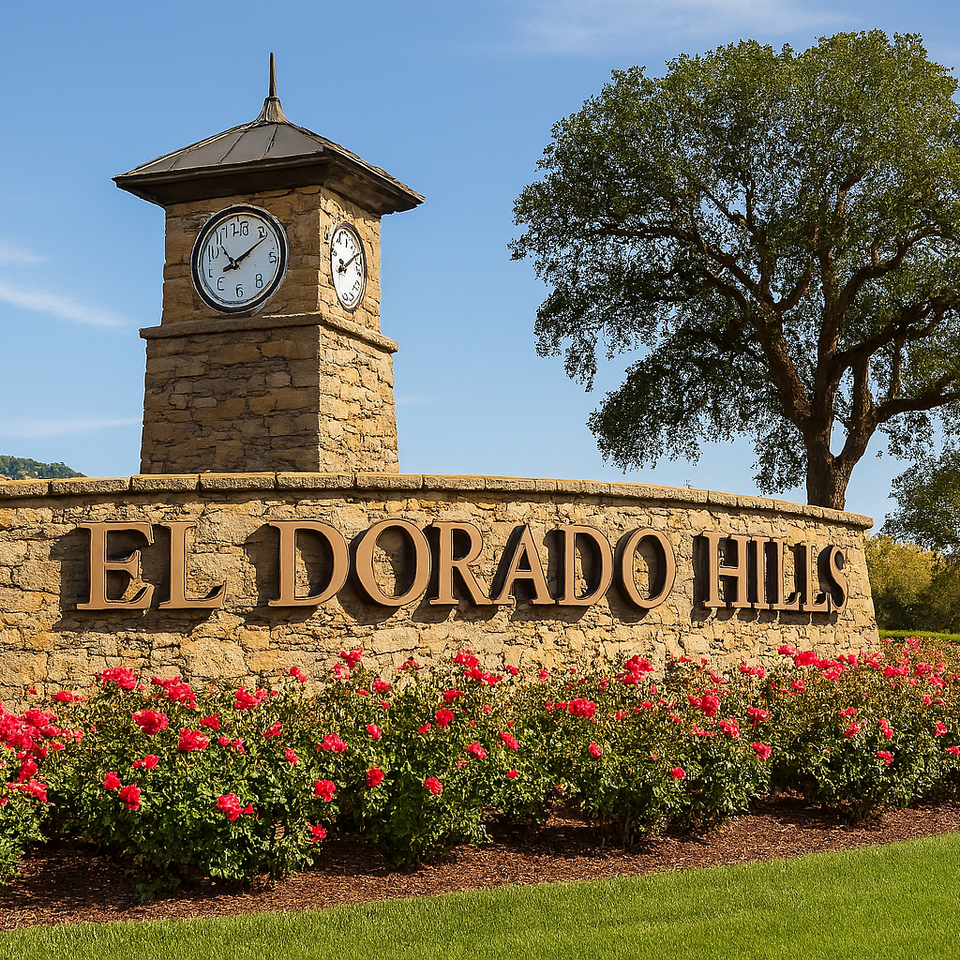 El Dorado Hills landmark featuring a stone wall with bronze lettering, a clock tower, rose garden, and oak tree set against rolling hills and a clear blue sky.