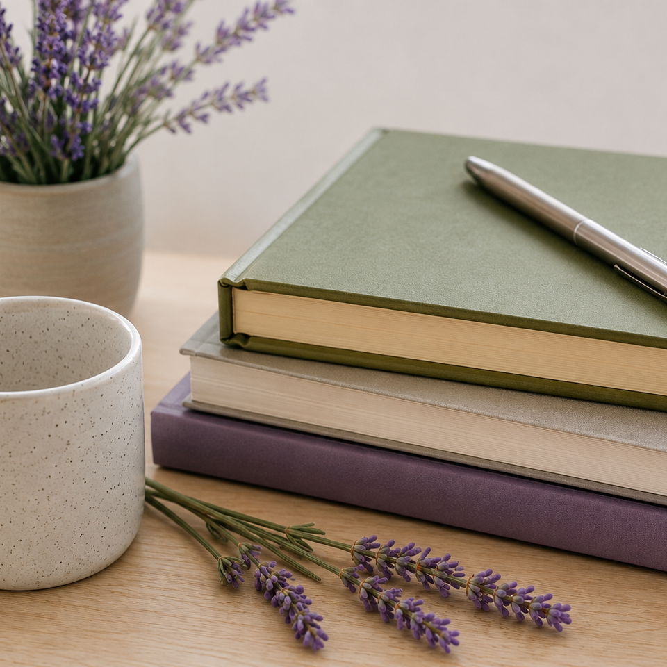 Books, a notebook, pen, and coffee mug representing math education and curriculum development.