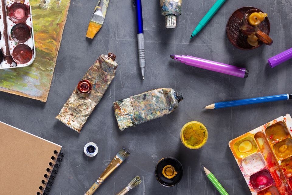 Paintbrush and tubes with painter tools at abstrac 2024 10 18 06 40 46 utc