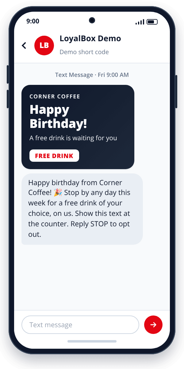 Example birthday text message from a coffee shop offering a free drink